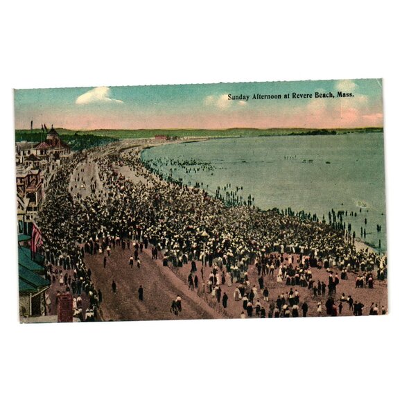 Vintage Tichnor Bros Postcard Sunday Afternoon At Revere Beach Mass People Coast - Picture 1 of 2